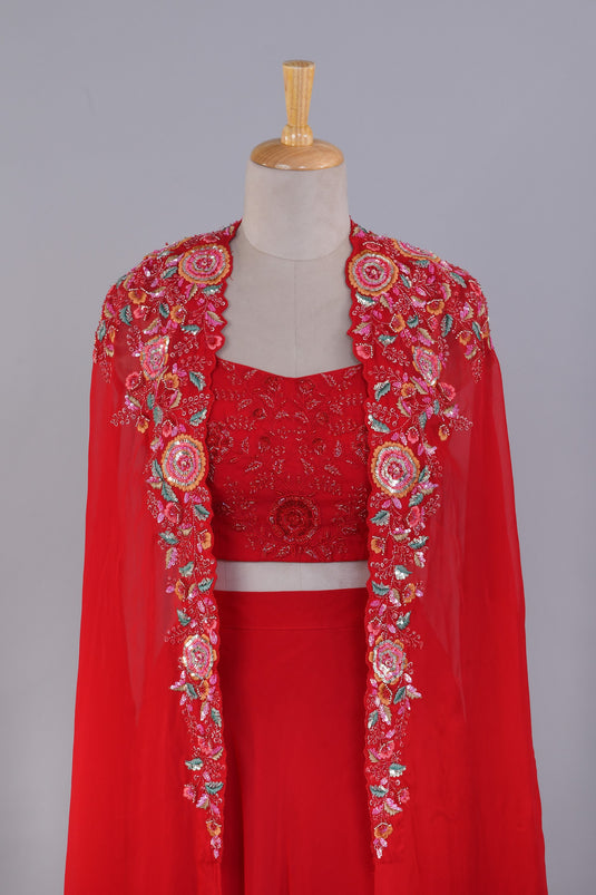 Crimson Gold Crop Top ,Skirt With Shrug