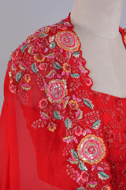 Crimson Gold Crop Top ,Skirt With Shrug