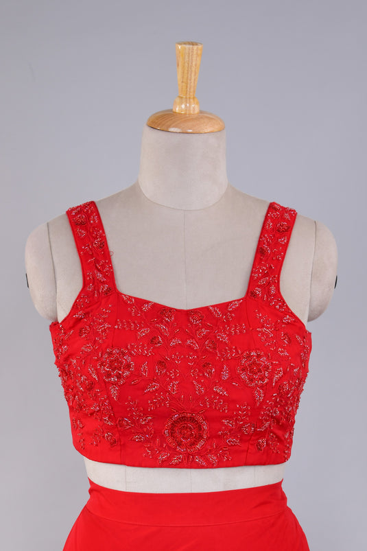 Crimson Gold Crop Top ,Skirt With Shrug